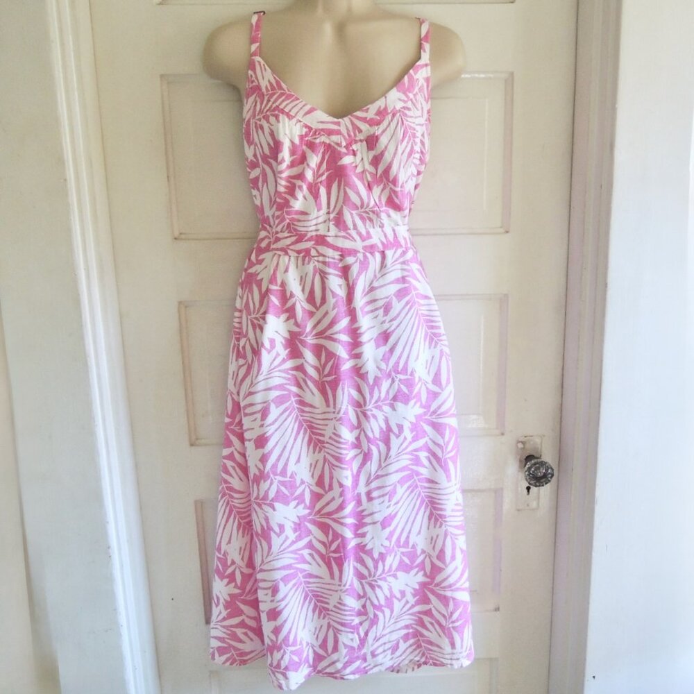 GAP Pink & White Leaf Print V Neck Sun Dress Pink Palm M
